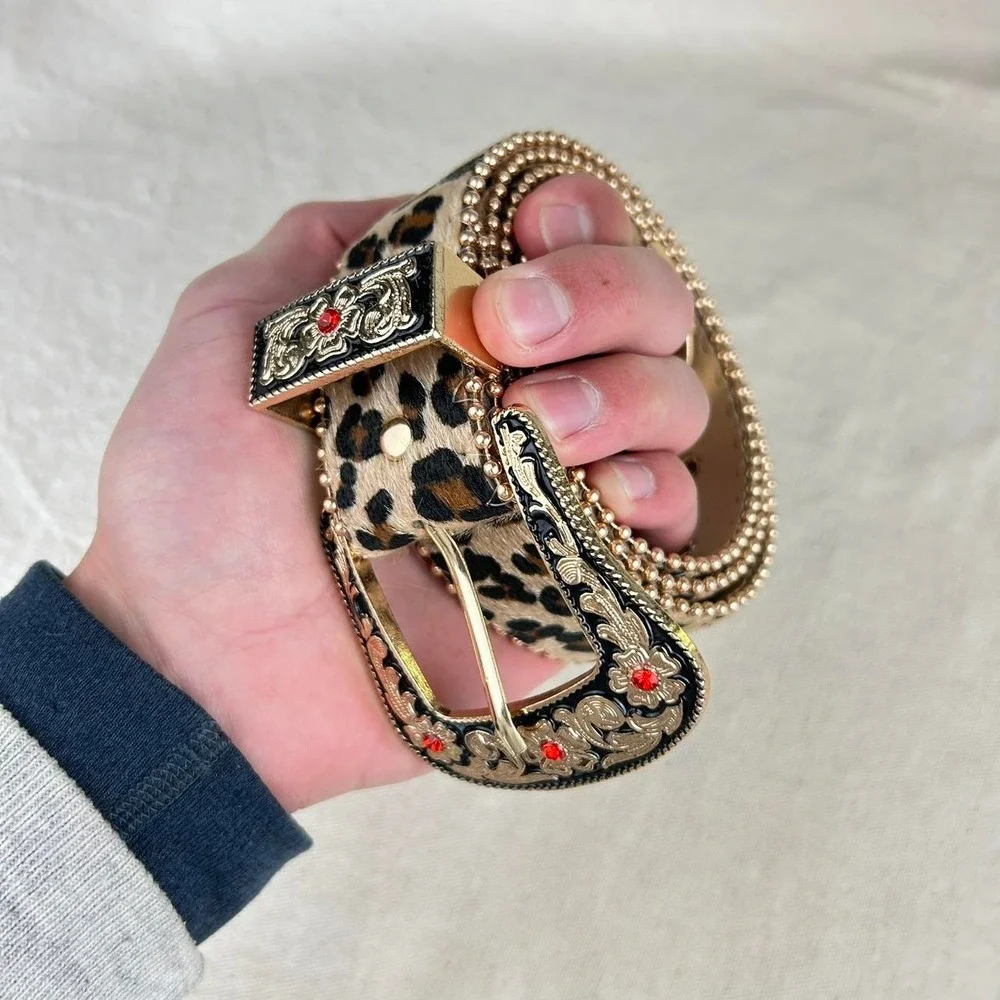 Vintage style cheetah leopard print fur belt american tan and brown bedazzled